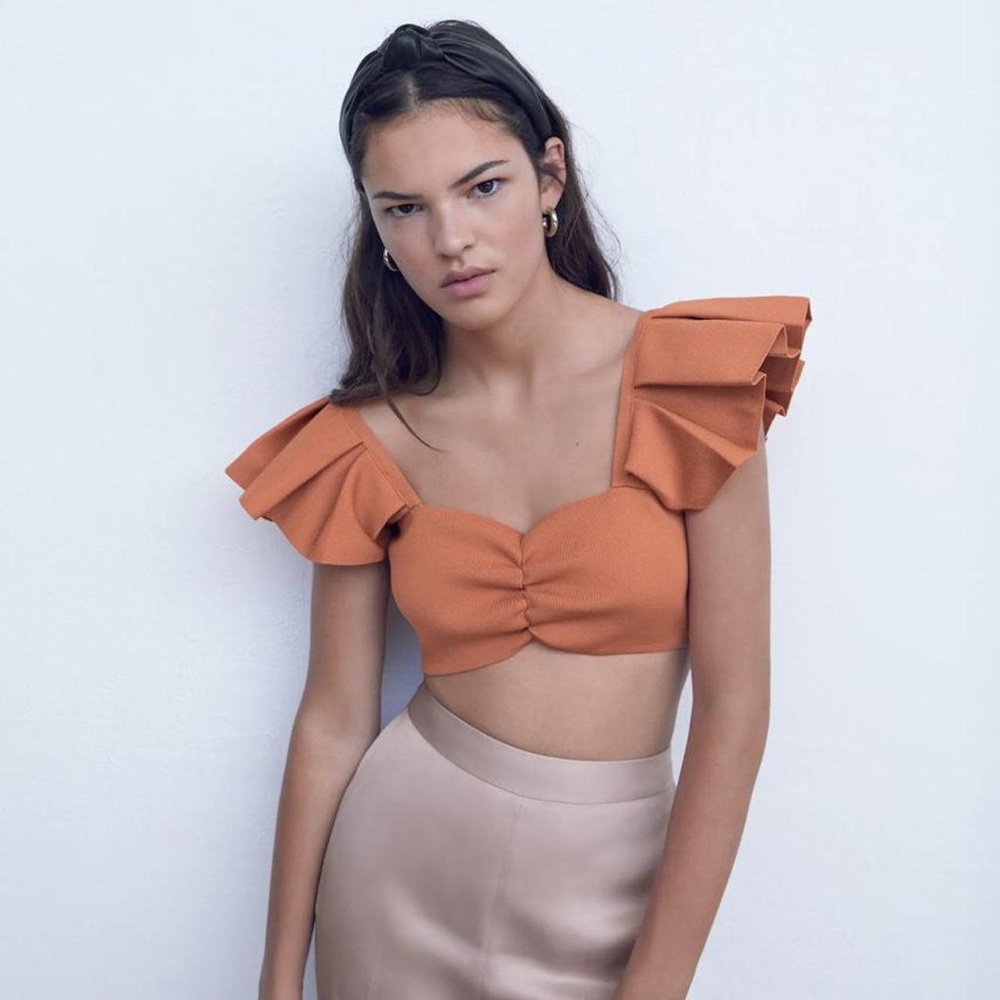 Zara Women's Orange Ruffle Sleeve Crop Top